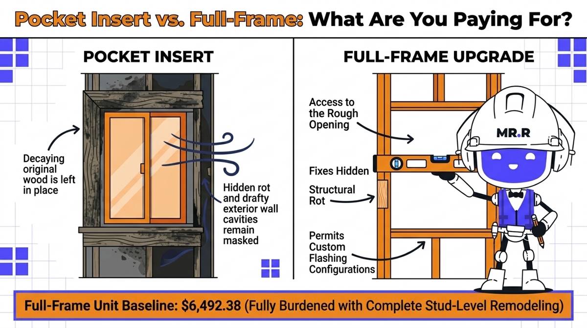 A 2026 window replacement infographic comparing a pocket insert to a full-frame installation, illustrating how a total stud-level tear-out exposes hidden frame rot and corrects sagging walls.